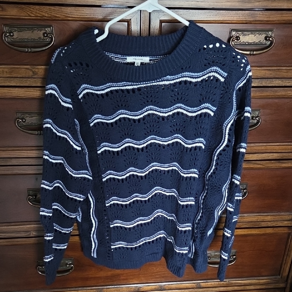 Maurices Navy Open-Knit Crewneck Sweater with White Stripes